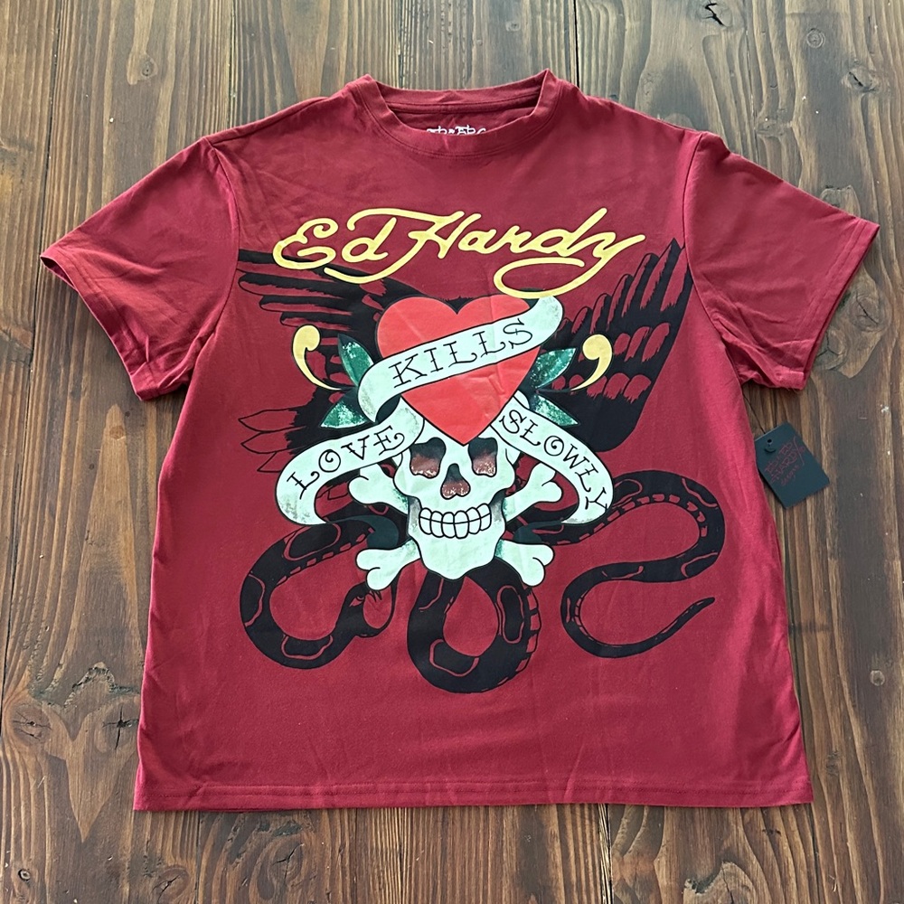 Ed Hardy Red Graphic Men's Shirt size large love kills slowly new with tags